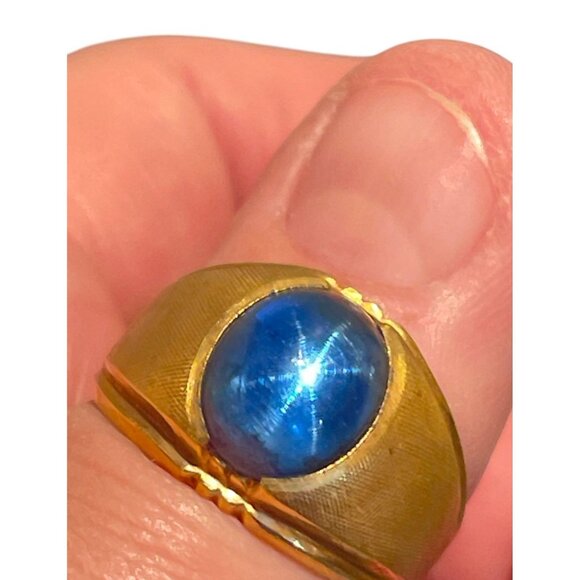 Vintage Men's Ring 10K Gold Filled Blue Glass Star Sapphire Size 11 Mid Century - Picture 2 of 7